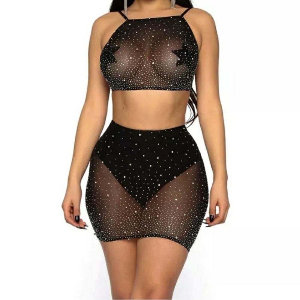 Rhinestone Fishnet Halter Top / Skirt Set